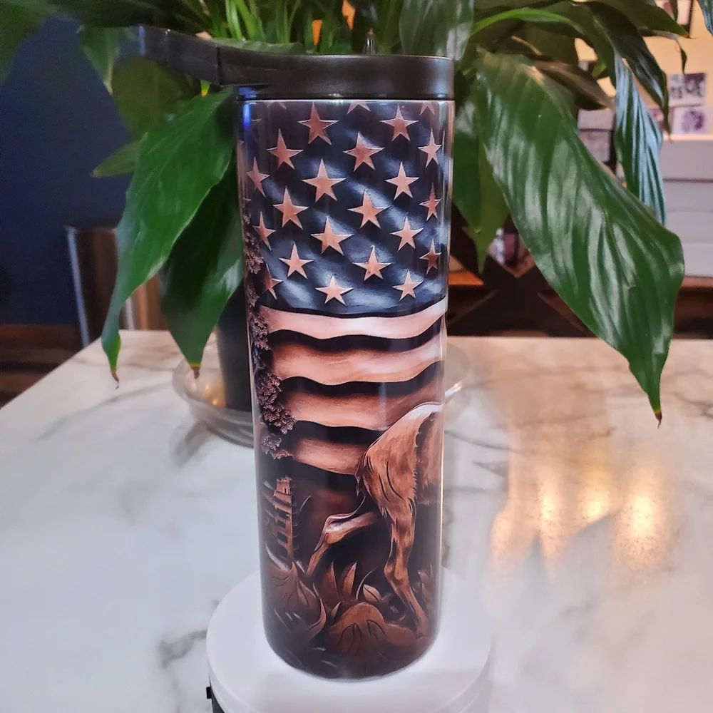 3D Deer with American Flag 20oz Tumbler with duo lids 🎉sale